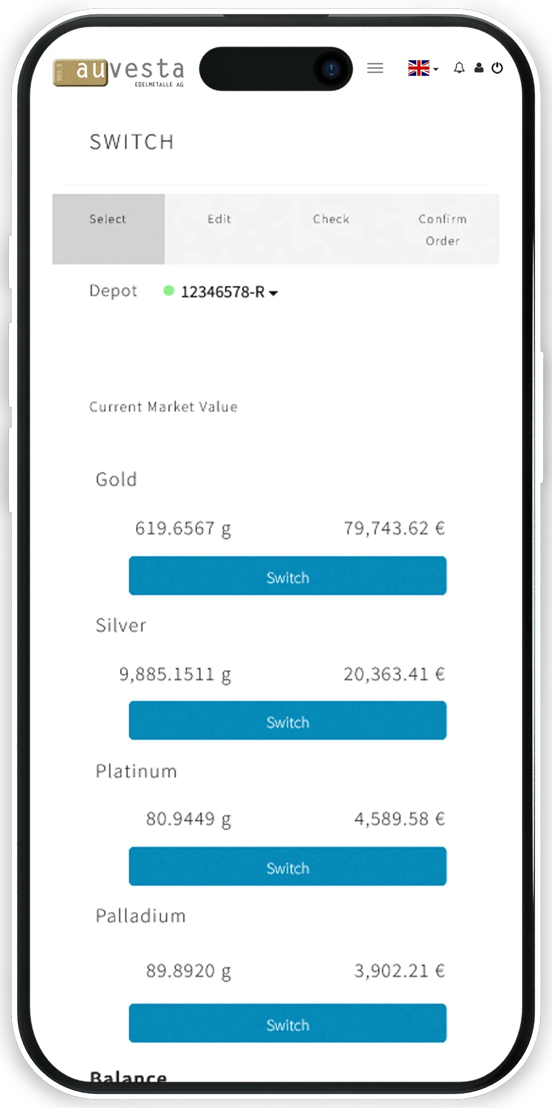 Switch - Change online to other precious metals

